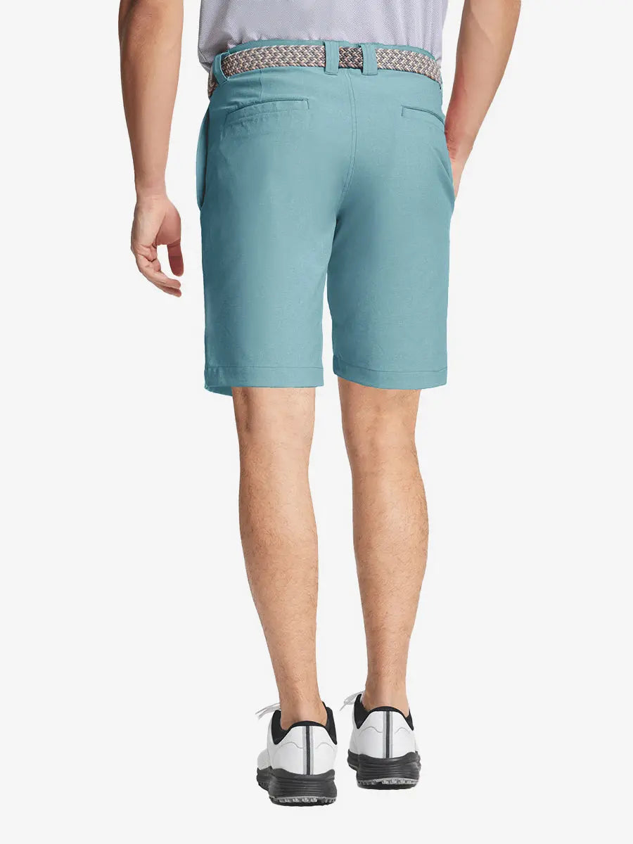 BLUE LIGHT 9 Inch Heather Performance Golf Shorts back view, model's lower body with hands in pockets