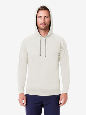 Model front upper body wearing view, heather midlayer golf hoodies in light khaki heather