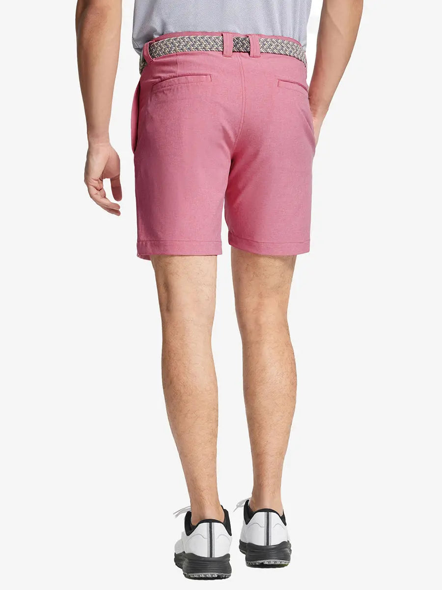 PINK 7 Inch Heather Performance Golf Shorts back view, model's lower body with hands in pockets