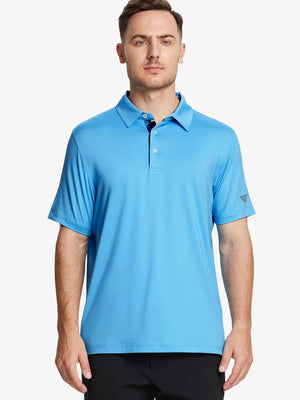 Front half-body view of male model in the Sky Blue Everyday Classic Solid Polo, standing still