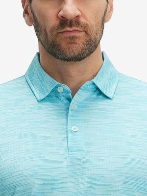 Front view from nose to chest of model wearing misty blue ultra-light quick dry moisture wicking collared polo shirt