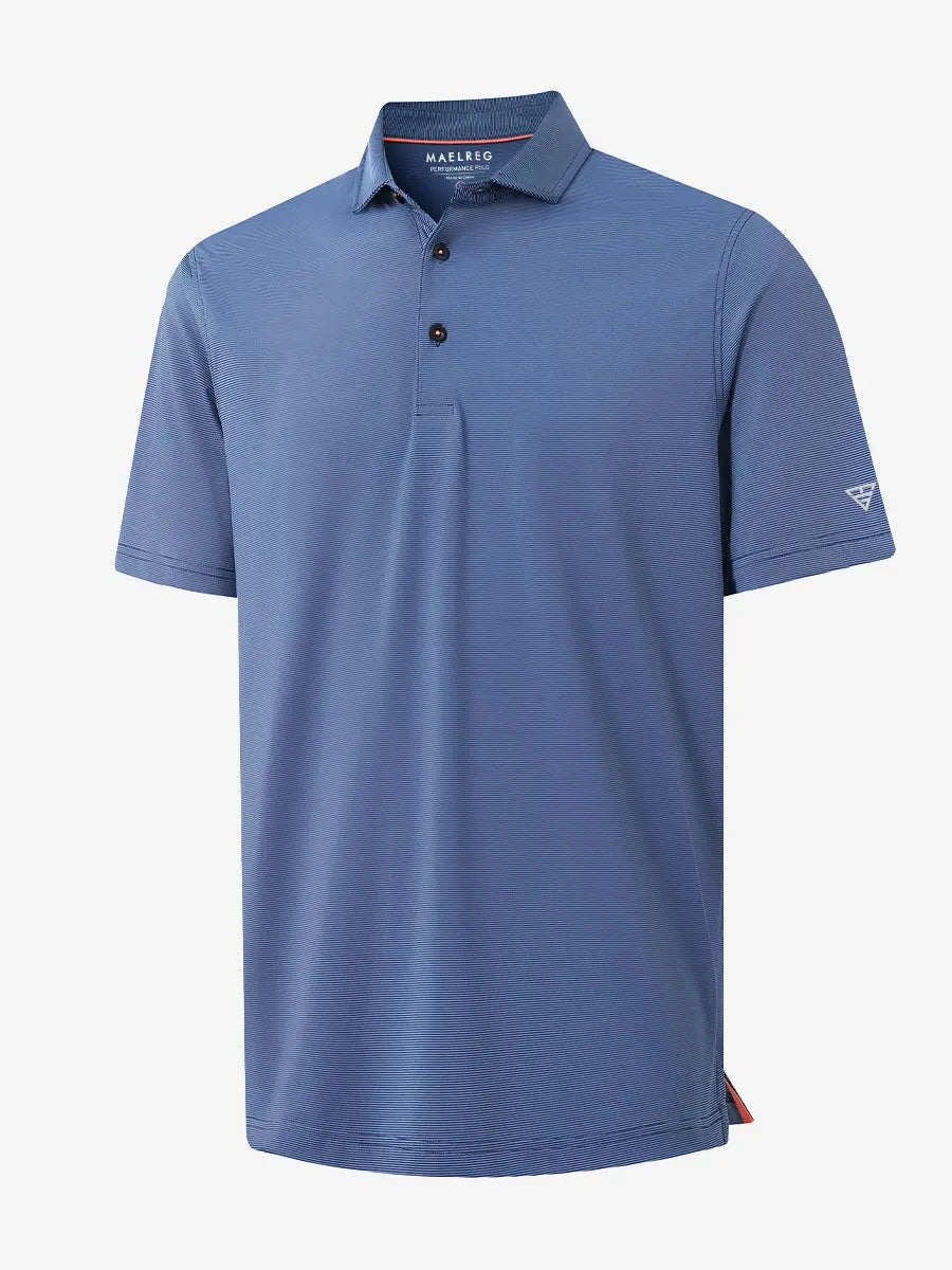 Folded BLUE DENIM STRIPE Pinstripe Jersey Performance Polo neatly displayed								
