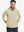 Model wearing reflective hooded softshell jacket, light khaki, front upper-body with a sleek fit.