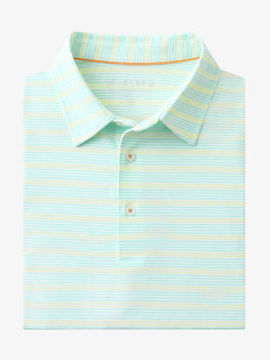 Folded Aqua Blue Yellow Stripe Performance Stripe Golf Shirt shown flat