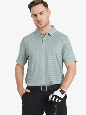 Half-body front shot: YELLOW STRIPE polo styled for the course, sporty yet vibrant