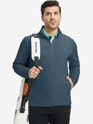 Model wearing bluish grey lightweight casual fleece jacket with 5 pockets, hand in pocket, tennis bag