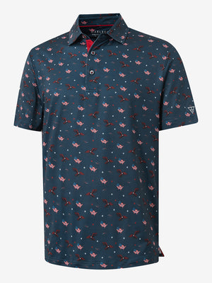 3D render of the american flag eagle 4 way stretch print collared polo shirt, displaying the garment structure and design clearly