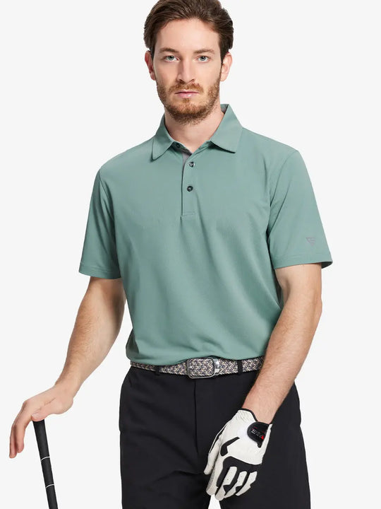 Half-body front pose with golf club in BERYL GREEN Ventilated Pique Performance Polo