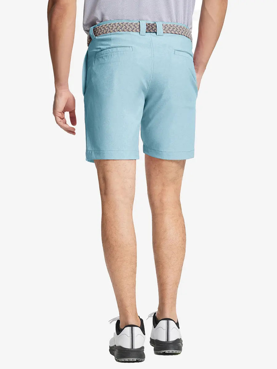 SKY BLUE 7 Inch Heather Performance Golf Shorts back view, model's lower body with hands in pockets