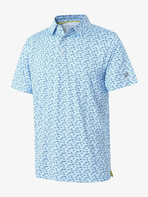 3D view showcasing the dinosaur pattern on BLUE DINOSAUR Performance Print Boys Golf Polo