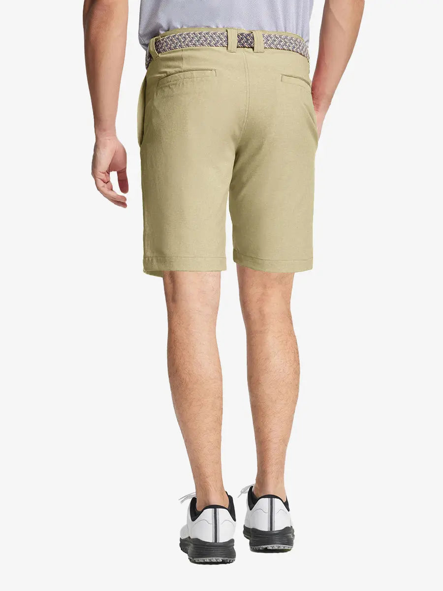 KHAKI 9 Inch Heather Performance Golf Shorts back view, model's lower body with hands in pockets