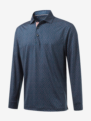 3D front view of the lightweight print long sleeve polo in navy pink seagull, modern and athletic design.