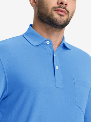 Front view from nose to chest of model wearing the cabana swim comfy cotton blend polo shirt with pocket, showcasing the upper fit