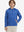 Model front upper body with one hand in pocket, stylish youth full print hoodies pullover in blue molecular structure.