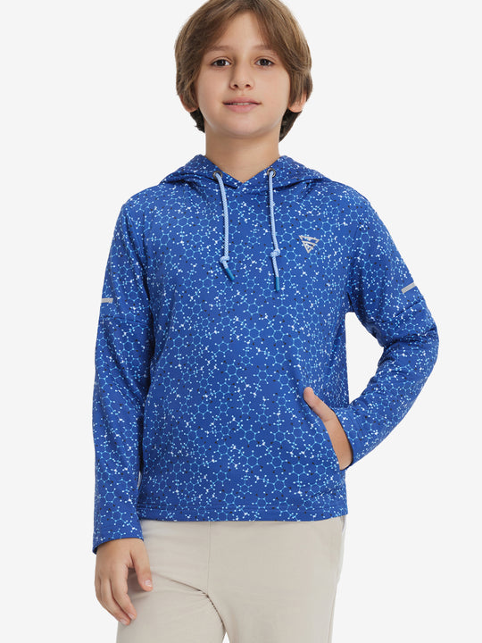 Model front upper body with one hand in pocket, stylish youth full print hoodies pullover in blue molecular structure.