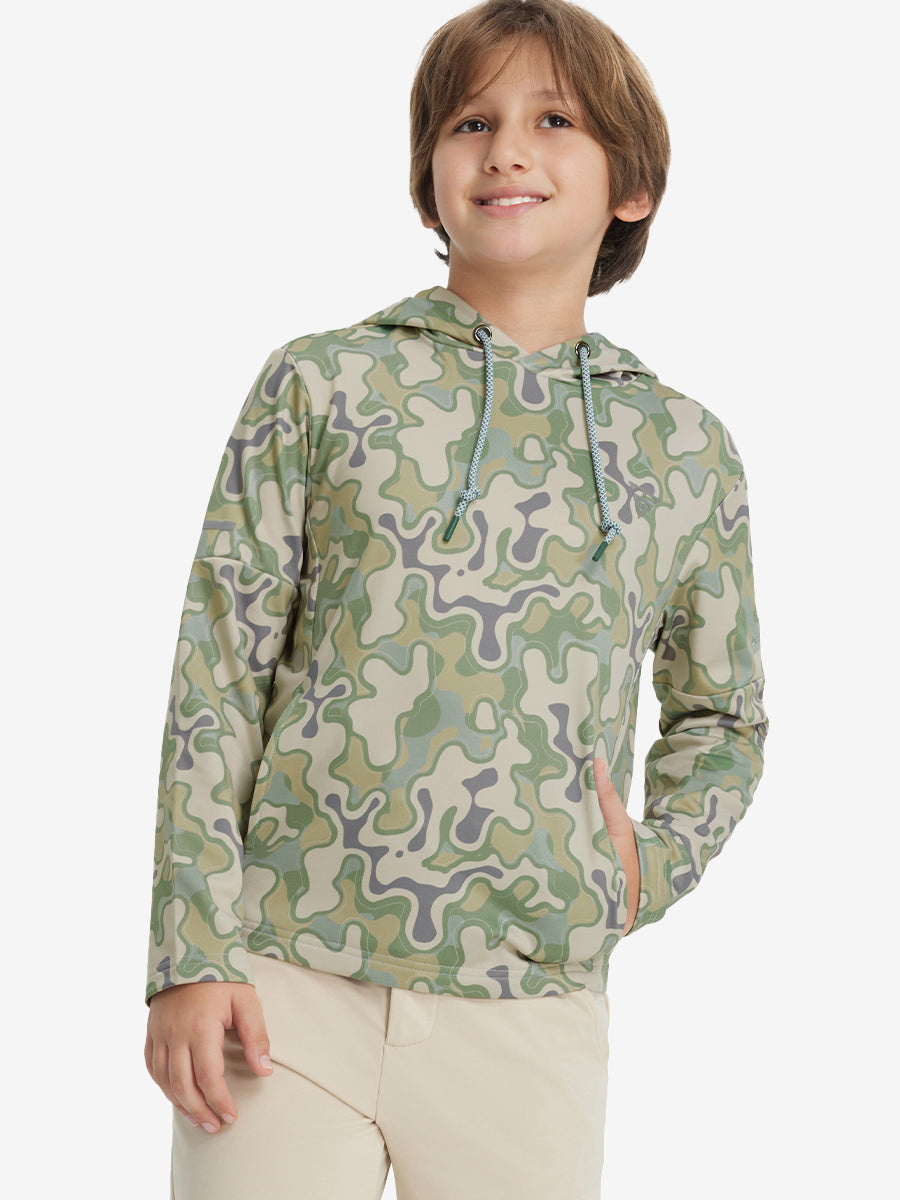 Model front upper body with one hand in pocket, stylish youth full print hoodies pullover in beryl green camo.