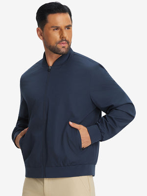 Model wearing casual windproof bomber jacket, navy, front upper body with relaxed fit