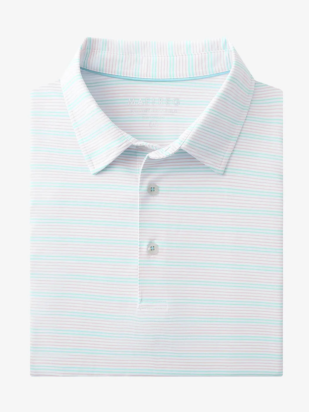 Folded Light Pink Aqua Blue Stripe Performance Stripe Golf Shirt displayed flat