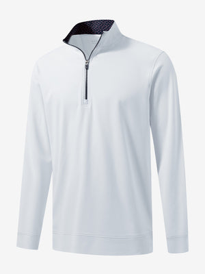 3D front view of the lightweight golf quarter zip pullover in white, clean and athletic design.