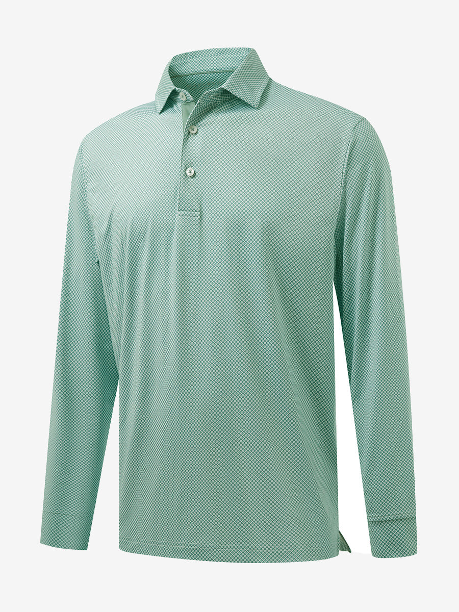 3D front view of the lightweight print long sleeve polo in green plant, modern and athletic design.