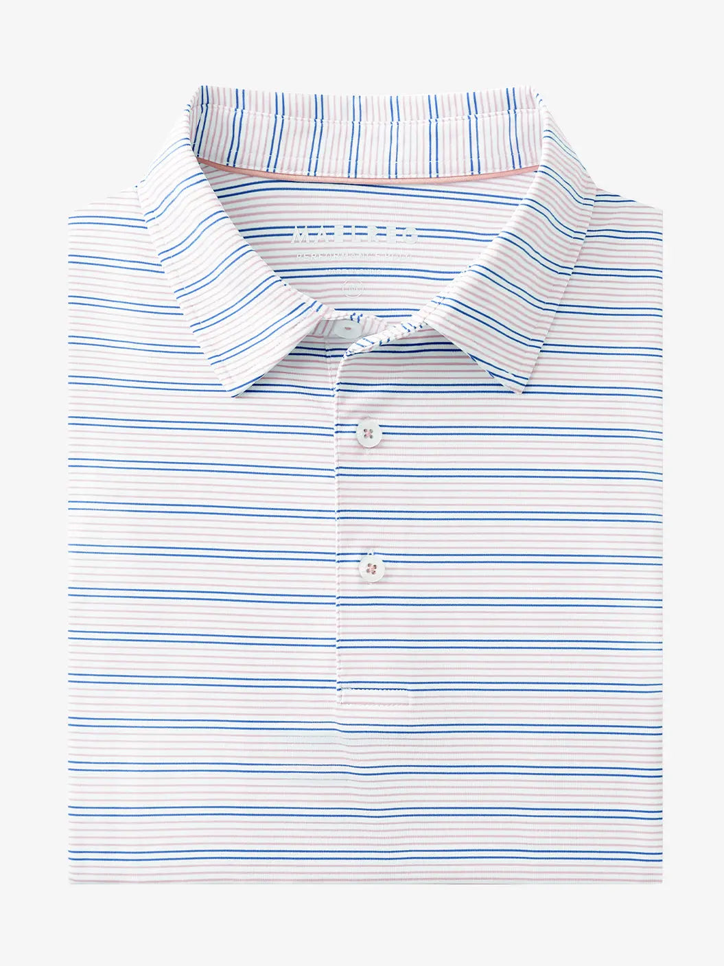 Folded Light Pink Cobalt Stripe Performance Stripe Golf Shirt displayed flat