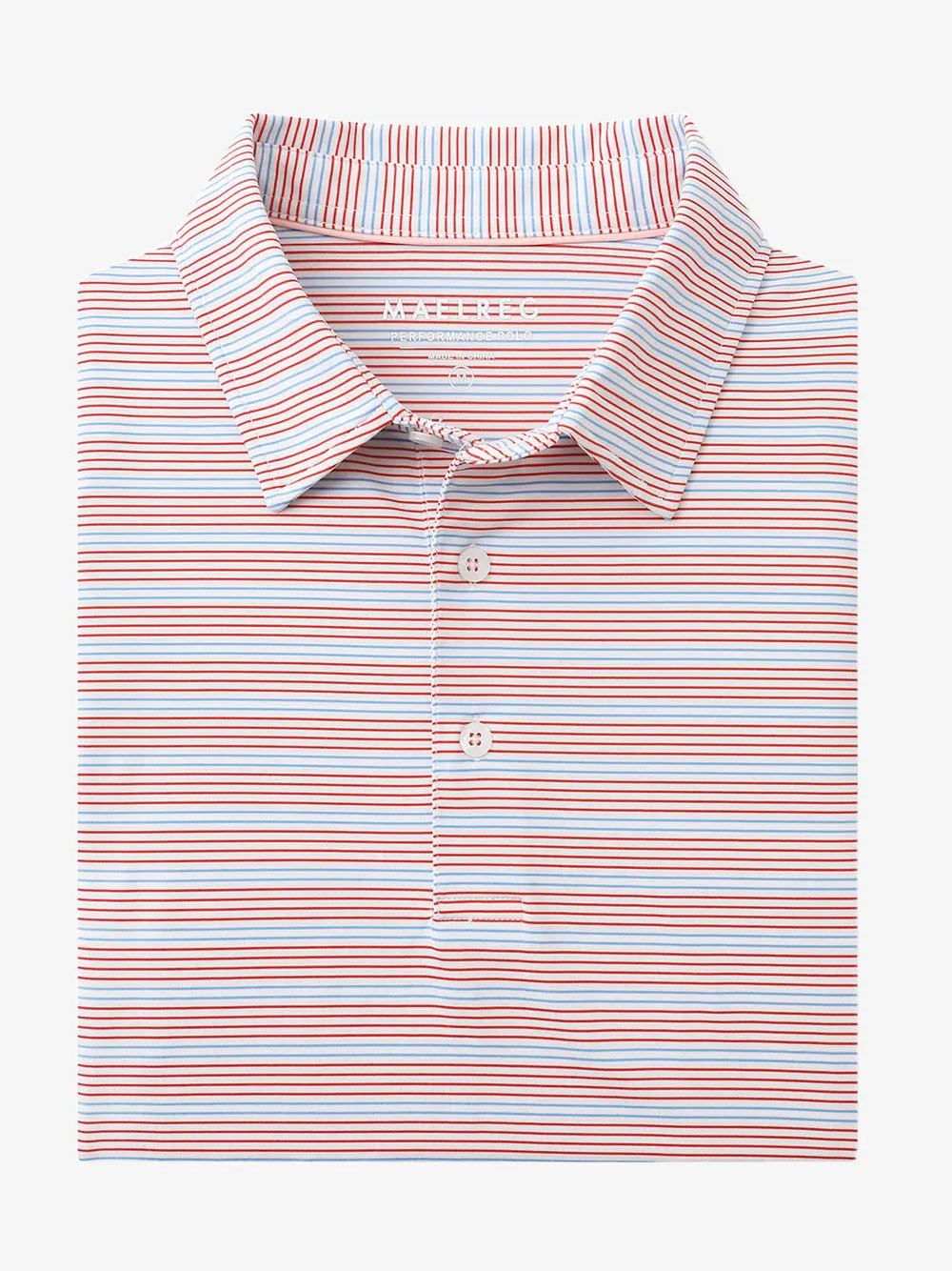 Folded Red Blue Stripe Performance Stripe Golf Shirt displayed flat