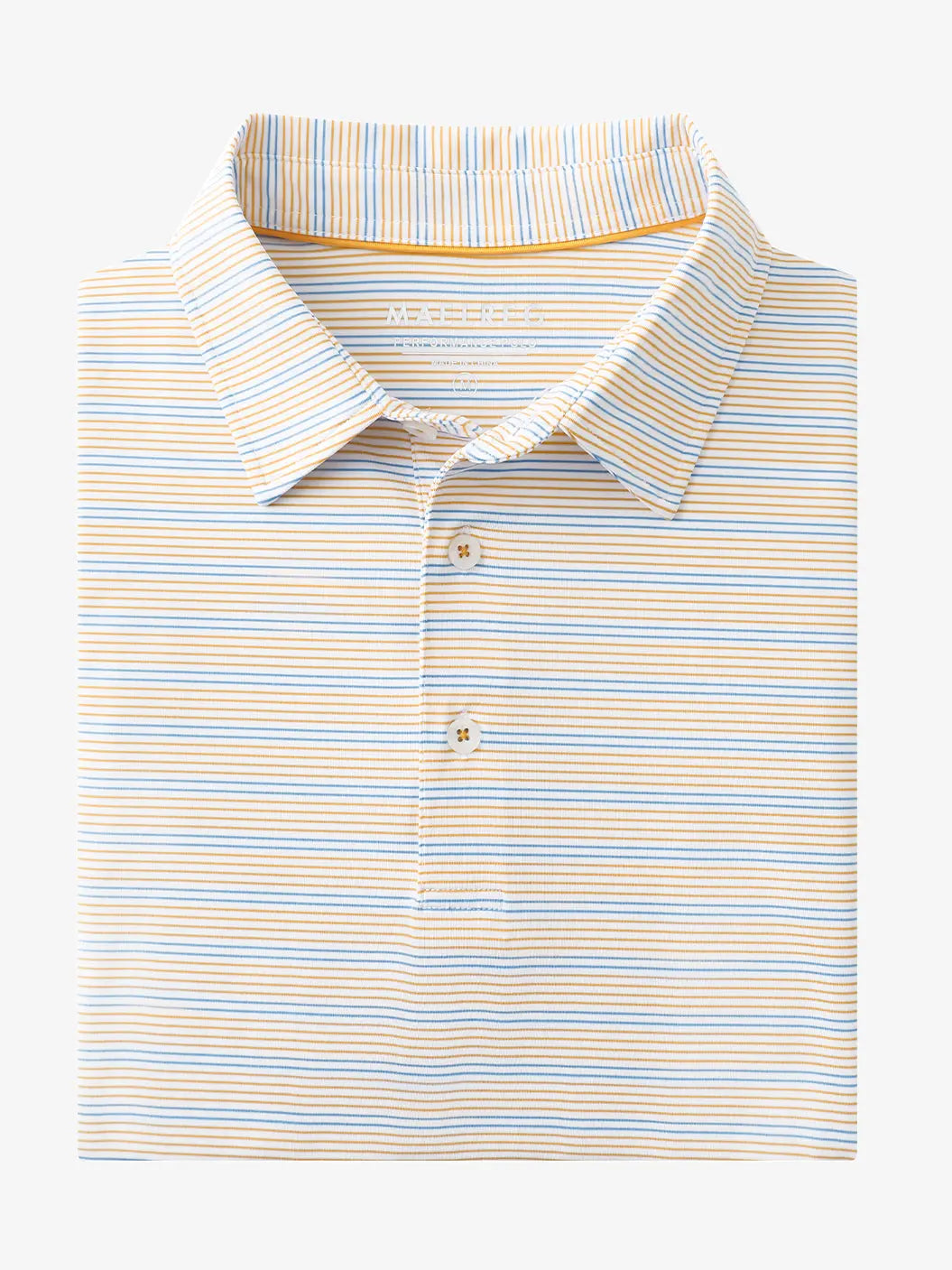 Folded Orange Blue Stripe Performance Stripe Golf Shirt displayed flat