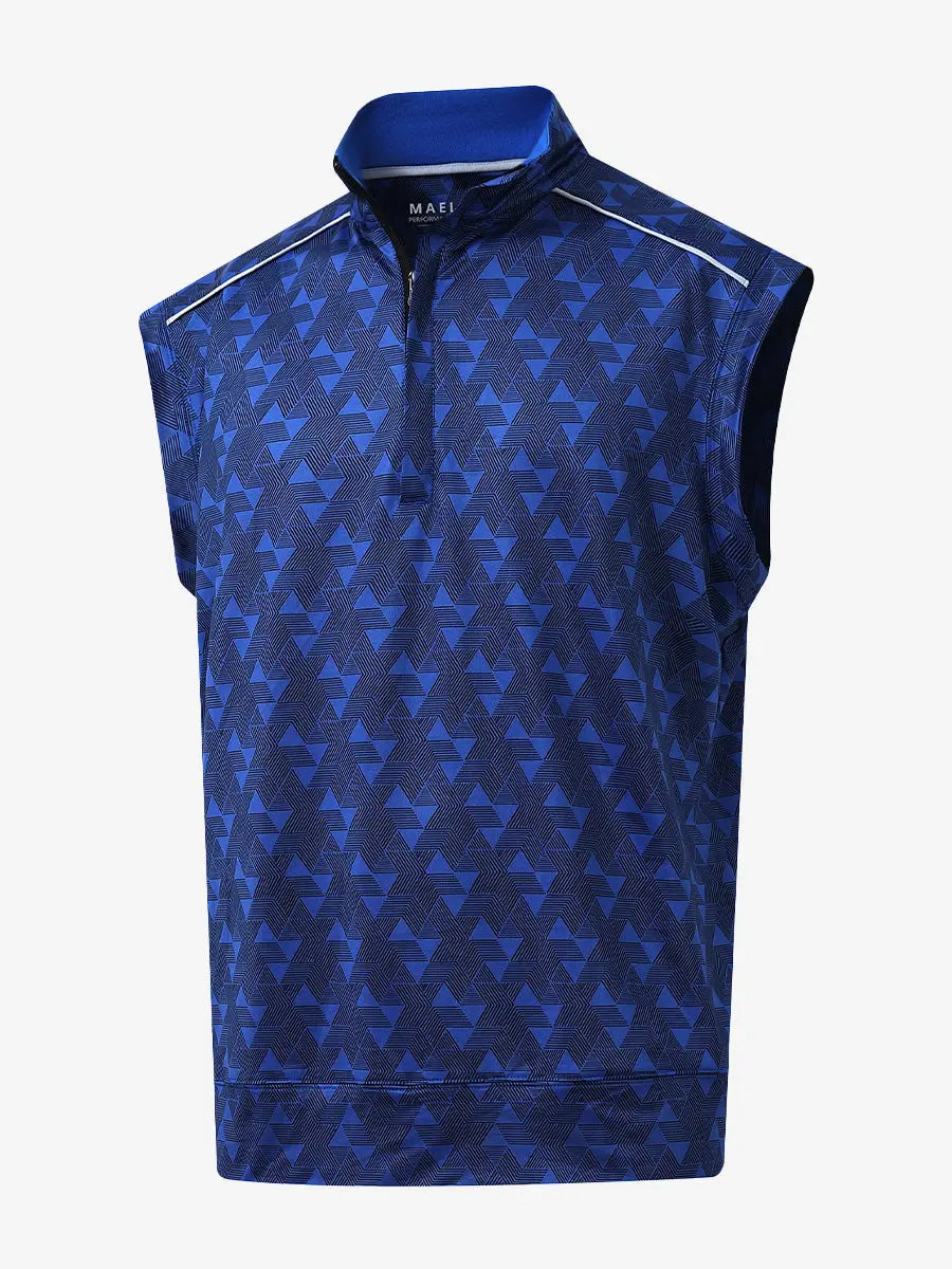 3D view of MARINA BLUE GEO Stretch Solid Fleece Quarter-Zip Vest showing fit and texture.								
