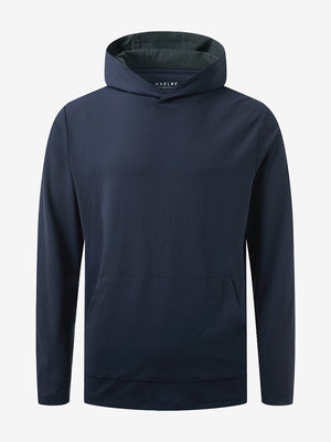 3D front view of the dry fit stretchy sweatshirts hoodie in navy, sleek and flexible design.