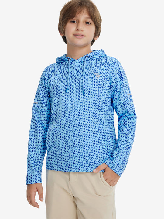 Model front upper body with one hand in pocket, stylish youth full print hoodies pullover in bluejay navy dogs.