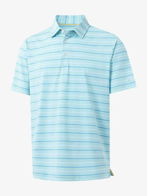 Front 3D view of trendy boys stripe polo shirts, clean structure and modern iced aqua stripe look