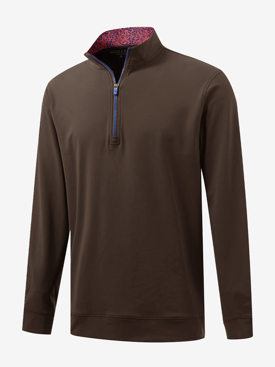 3D front view of the lightweight golf quarter zip pullover in coffee brown, clean and athletic design.