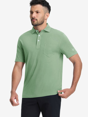 Front half-body shot of model wearing the spa green heather comfy cotton blend polo shirt with pocket for a casual relaxed look