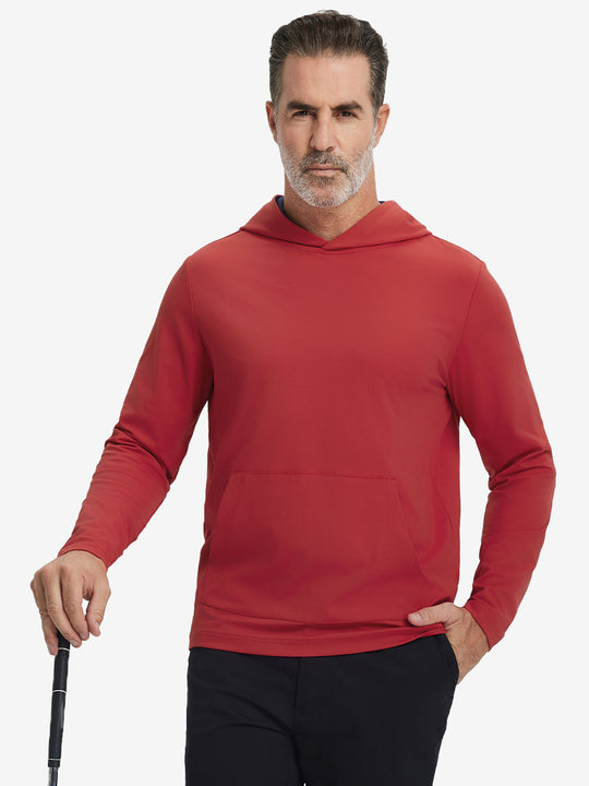 Model holding golf club, wearing dry fit stretchy sweatshirts hoodie in red, sporty and casual.