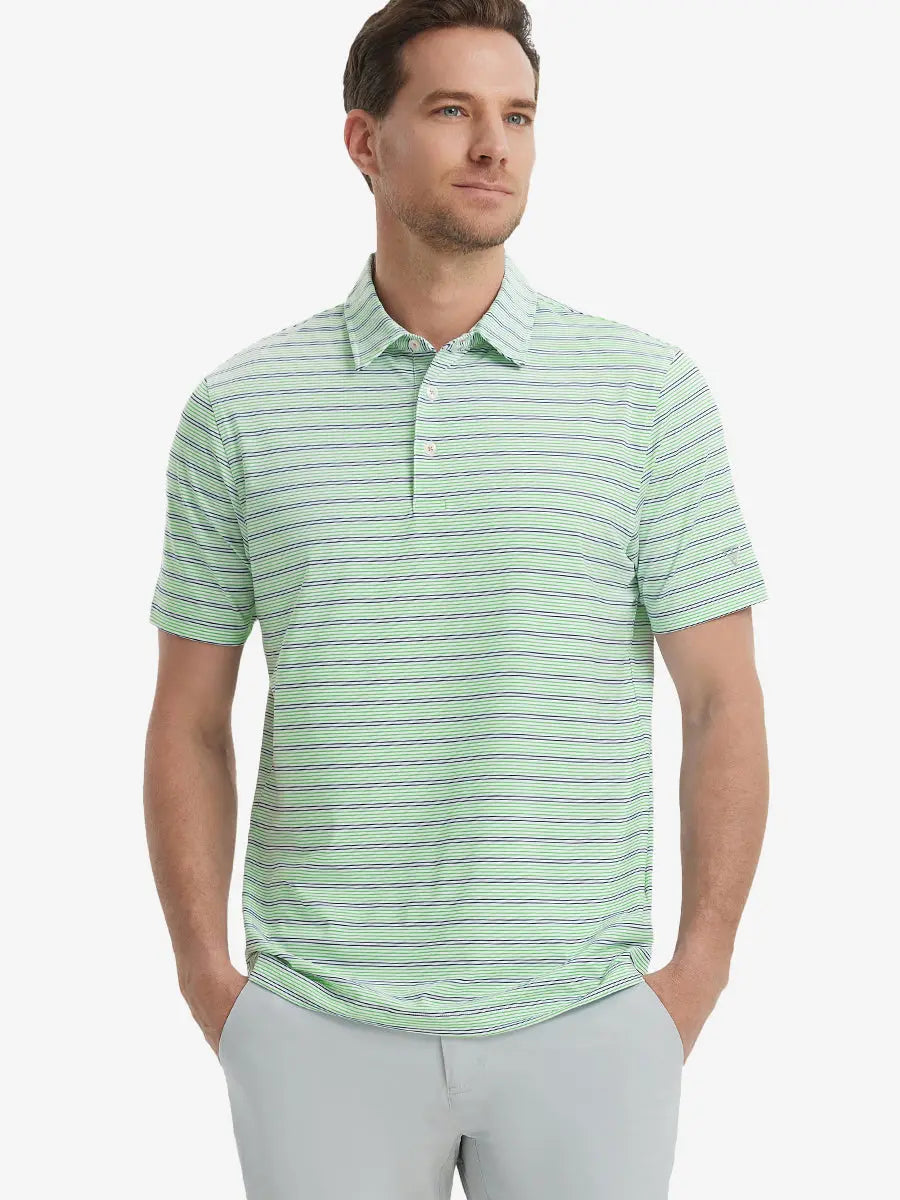 Model in Khaki Neutral Grey Stripe Performance Stripe Golf Shirt – front half-body pose