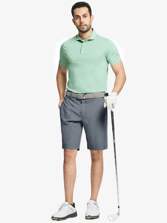 Full body front view of model wearing NAVY 9 Inch Heather Performance Golf Shorts, holding a golf club