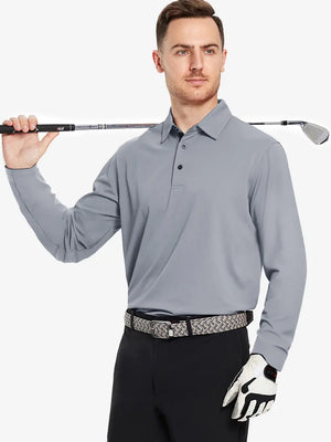 Model wearing the light grey long sleeve pique polo, holding a golf club, highlighting its casual and sleek design.