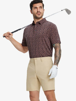 Half-body front view of model holding golf club wearing WINE RED FLOWER Popular Heather Print Polo