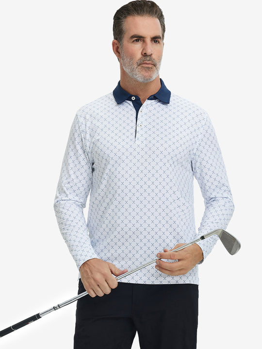 Model holding golf club, wearing lightweight print long sleeve polo in white nav clue, casual sporty fit.