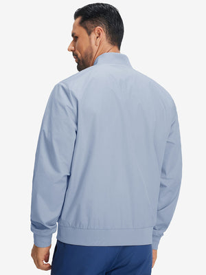 Back view of casual windproof bomber jacket on model, showcasing slate blue detail and shape