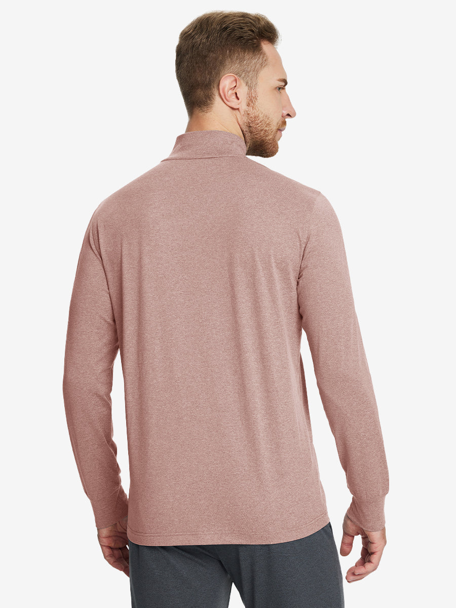 Back angle of Men’s Mock Turtleneck Shirt in Pink Heather, model turns head slightly with ease.