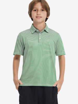Front half-body shot of youth in emerald stripe performance cooling polo, highlighting design and fit