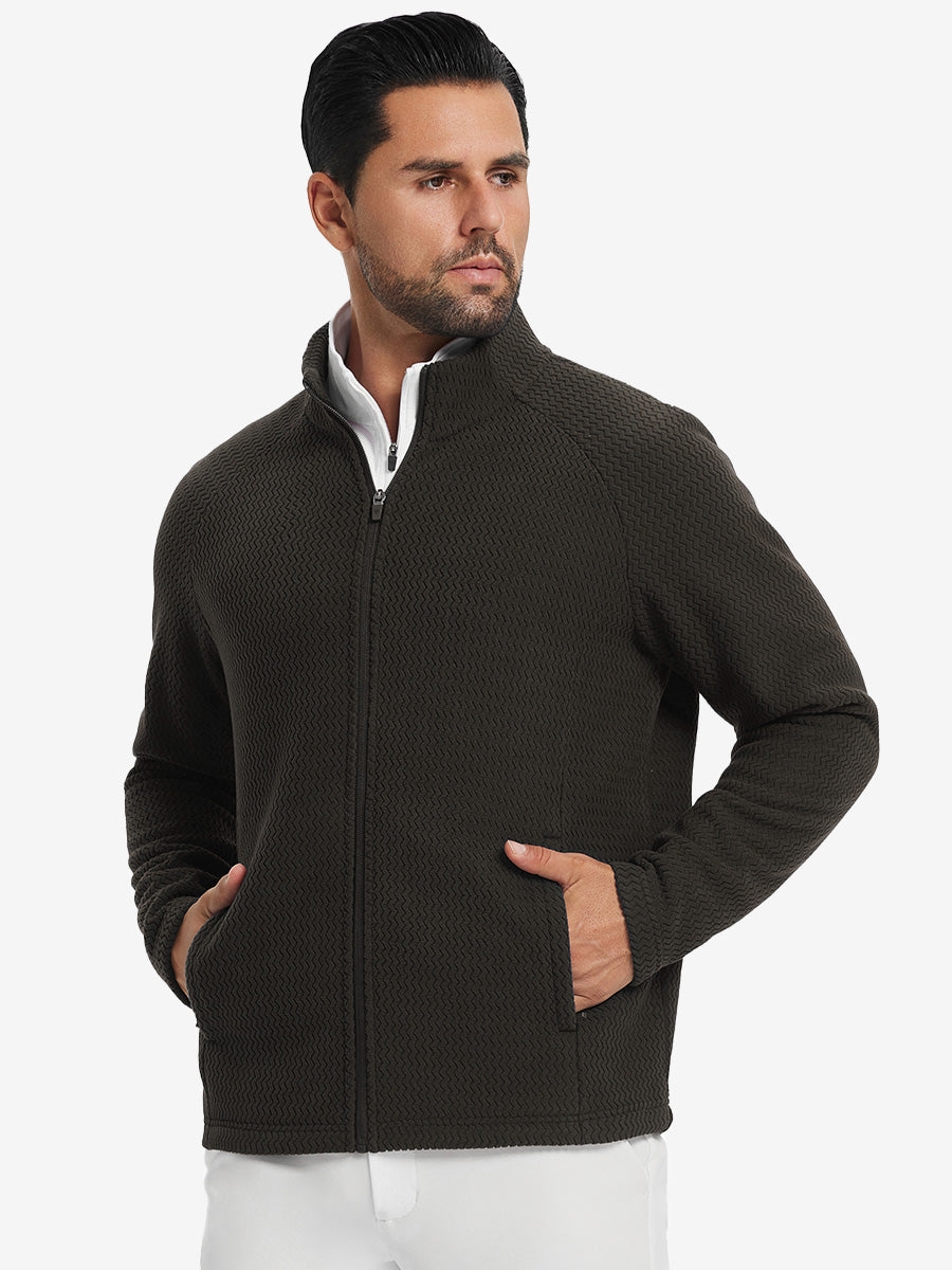 Model with both hands in pockets, wearing soft winter fleece jackets in coffee brown, warm and relaxed.