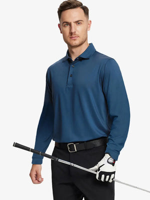 Model in BLUE Long Sleeve Solid Jersey Polo holding golf club with confident front pose