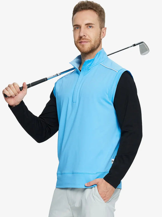 Half-body front view of model holding golf club wearing AQUARIUS Stretch Solid Fleece Quarter-Zip Vest.								
