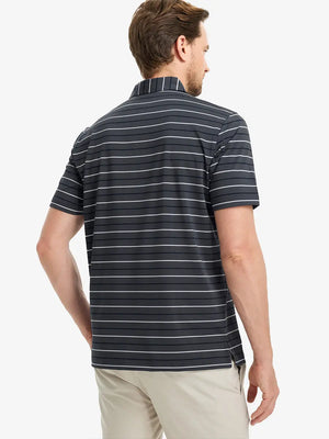 Back half-body view of model wearing DARK GREY STRIPE Stylish Performance Golf Polo