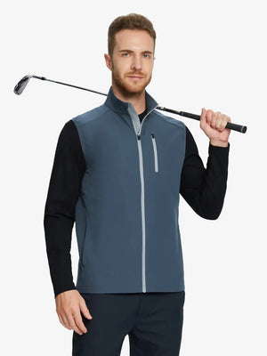 showcasing the misty blue windproof golf vest, holding a golf club, highlighting its fresh design and zippered pockets.
