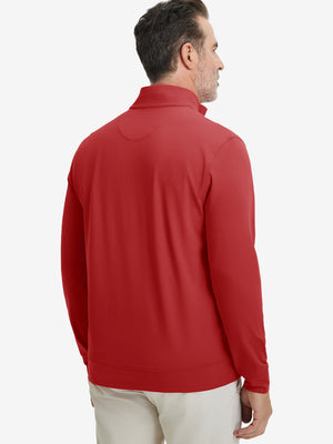 Back upper body view of the red lightweight golf pullover, model turns head slightly with ease.