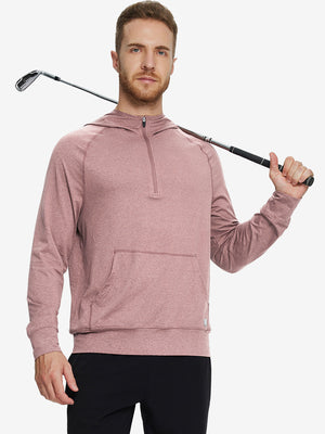 Male model holding a golf club, wearing the Quarter Zip Hoodie with Kangaroo Pocket in Pink Heather.