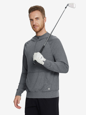 Male model holding a golf club, wearing the Quarter Zip Hoodie with Kangaroo Pocket in Black Grey Heather.